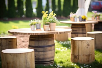 wooden spools reused as rustic outdoor tables