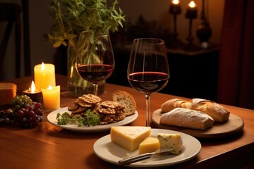 table set for two with wine, bread, and cheese