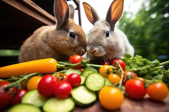 rabbits munching on vegetables together