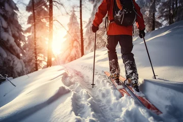 Küchenrückwand glas motiv Mountaineer backcountry ski walking in the mountains. Adventure winter extreme sport. Detail boots. ai generative  © Vilaysack