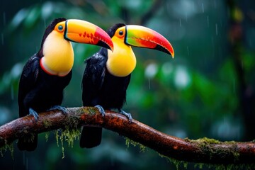 Two keeled toucan, Ramphastos sulfuratus sitting on a branch in the rain forest of Costa Rica. Wild nature.