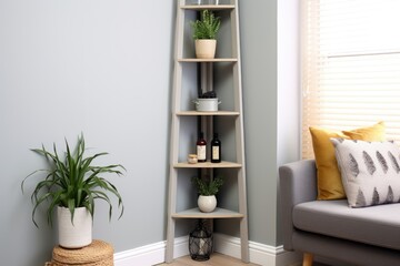 narrow shelf unit in a corner
