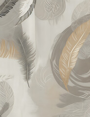 feathers seamless pattern abstract double gauze fabric pattern, neutral tones, feathers with gold, gray, and white colors, soft organic shapes  Ai generative