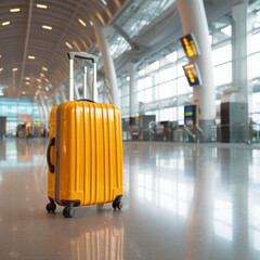Tourist yellow suitcase at floor airport on background, bright luggage waiting in departure lounge hall of airport, vacation trip concept