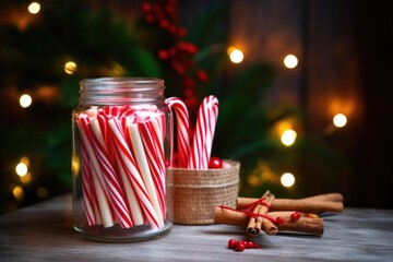 red and white striped candy canes in jar - Powered by Adobe