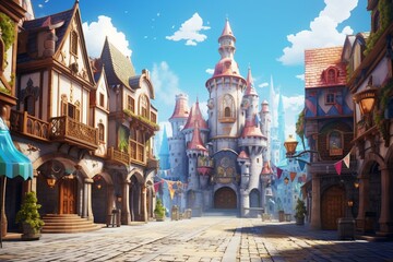 Colorful medieval city street with fantastical architecture. Generative AI