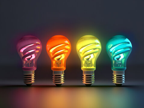 row of futuristic light bulbs of different colors, front view, variety of light bulbs