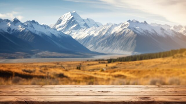 The empty wooden brown table top with blur background of Mount Cook landscape. Exuberant image. generative AI