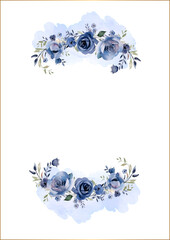 Blue vector frame with foliage pattern background with flora and flower