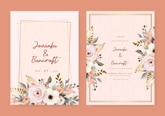 Pink and beige poppy and rose set of wedding invitation template with shapes and flower floral border