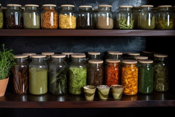 hermetic glass jars storing dried foods on kitchen shelves