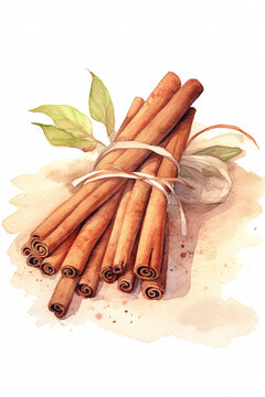 A pile of cinnamon sticks wrapped with a rope, watercolor illustration isolated on white background