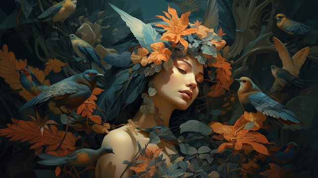 Dreamlike female portrait, floral environment, dramatic colors, beautiful fine art