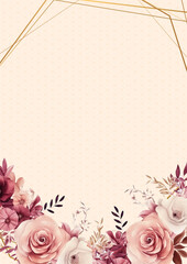 Red pink and beige watercolor hand painted background template for Invitation with flora and flower