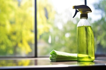 glass cleaner spray on window under direct sunlight