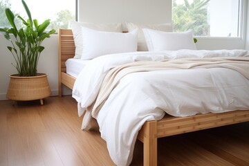 organic cotton bedding on a bamboo bedframe