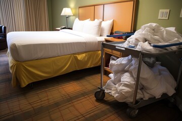 Fototapeta na wymiar strewn bed linens in housekeeping cart