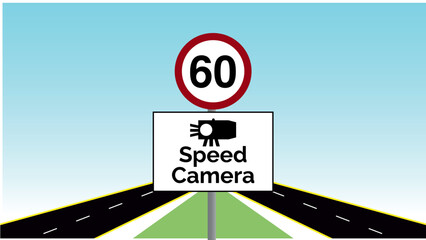 A sign indicating that speed cameras are in use on the road ahead, alongside a clear 60 Kilometers per hour speed limit sign. vector illustration