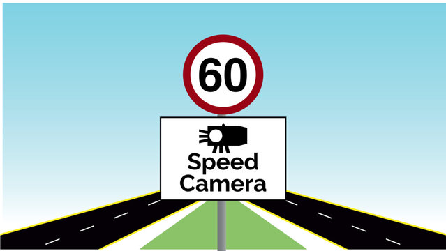 A sign indicating that speed cameras are in use on the road ahead, alongside a clear 60 Kilometers per hour speed limit sign. vector illustration