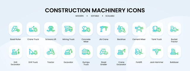 Fototapeta na wymiar Construction machinary icon collection with blue and green gradient outline style. construction, machinery, equipment, truck, set, industrial, industry. Vector illustration