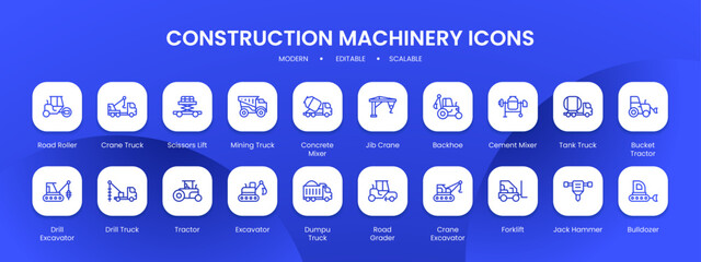 Construction machinary icon collection with black filled line outline style. construction, machinery, equipment, truck, set, industrial, industry. Vector illustration