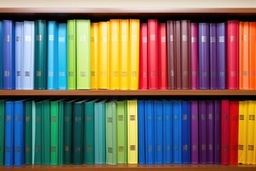 rows of colorful legal binders on a plain shelf