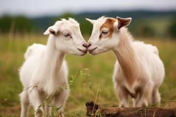 pair of young goats butting heads in a field - obrazy, fototapety, plakaty