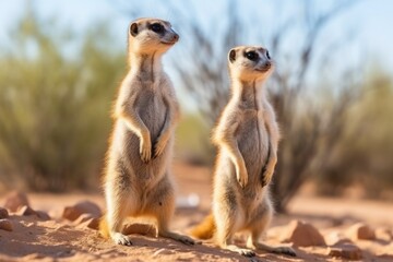 pair of meerkats standing upright and alert in the desert - obrazy, fototapety, plakaty