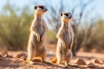 Foto op Aluminium pair of meerkats standing upright and alert in the desert © Alfazet Chronicles