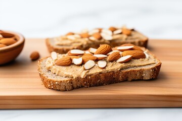 Fototapeta na wymiar fresh almond butter on a toast slice with sliced almonds
