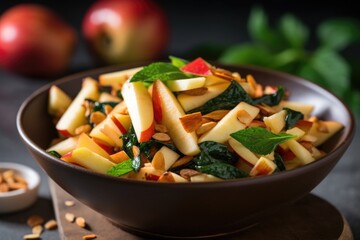 a detail shot of spicy apple and almond salad in a ceramic bowl