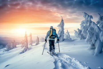 Mountaineer backcountry ski walking in the mountains. Adventure winter extreme sport. Detail boots. ai generative	