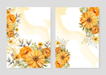 Yellow peony and sunflower modern wedding invitation template with floral and flower