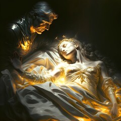 man who covers the body Of gold and light of a woman in a bed 