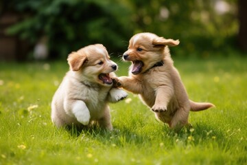 puppies play fighting on the lawn