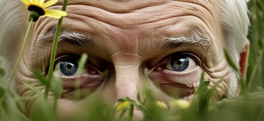 Man's surreal view through grass with flower with anxious eyes