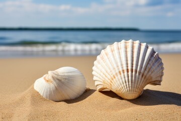 Fototapeta na wymiar closeup of two similar-looking seashells on a beach