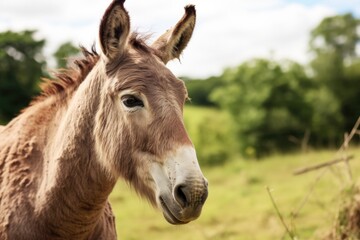a donkey with patchy, discolored skin from hay allergies
