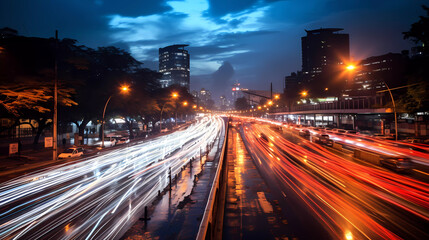Fototapeta na wymiar Time lapse photography of a busy road nighttime in Jakarta. Long Exposure Photography. Blurred cars light trails. Motion blur.