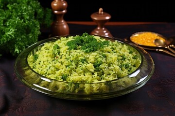 broccoli rice decorated with parsley on glass plate
