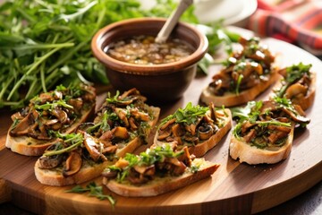 platter with mushroom and arugula bruschetta next to a wooden spoon