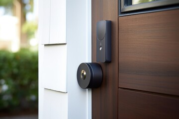 smart lock installed on a wooden door