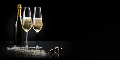 Two glasses with champagne next to bottle on mirrored surface against dark background