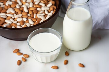 white almonds soaking in a bowl, next to a bottle of almond milk
