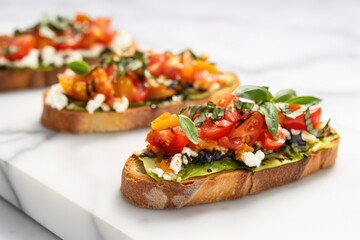 close-up of an avocado bruschetta on marble countertop