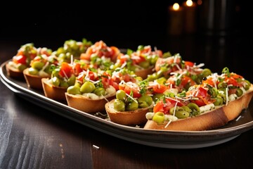 array of bruschetta on a dish, loaded with edamame and cheese