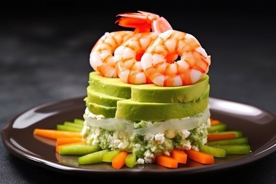 close-up shot of avocado salad with shrimps