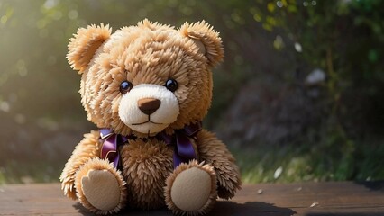 Teddy bear sits against nature background, blurred background. Generative AI.