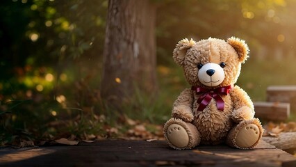 Teddy bear sits against nature background, blurred background. Generative AI.
