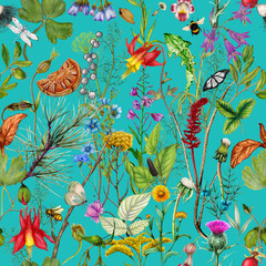 Seamless pattern with watercolor wild flowers. Hand-drawn illustration. - 660825550